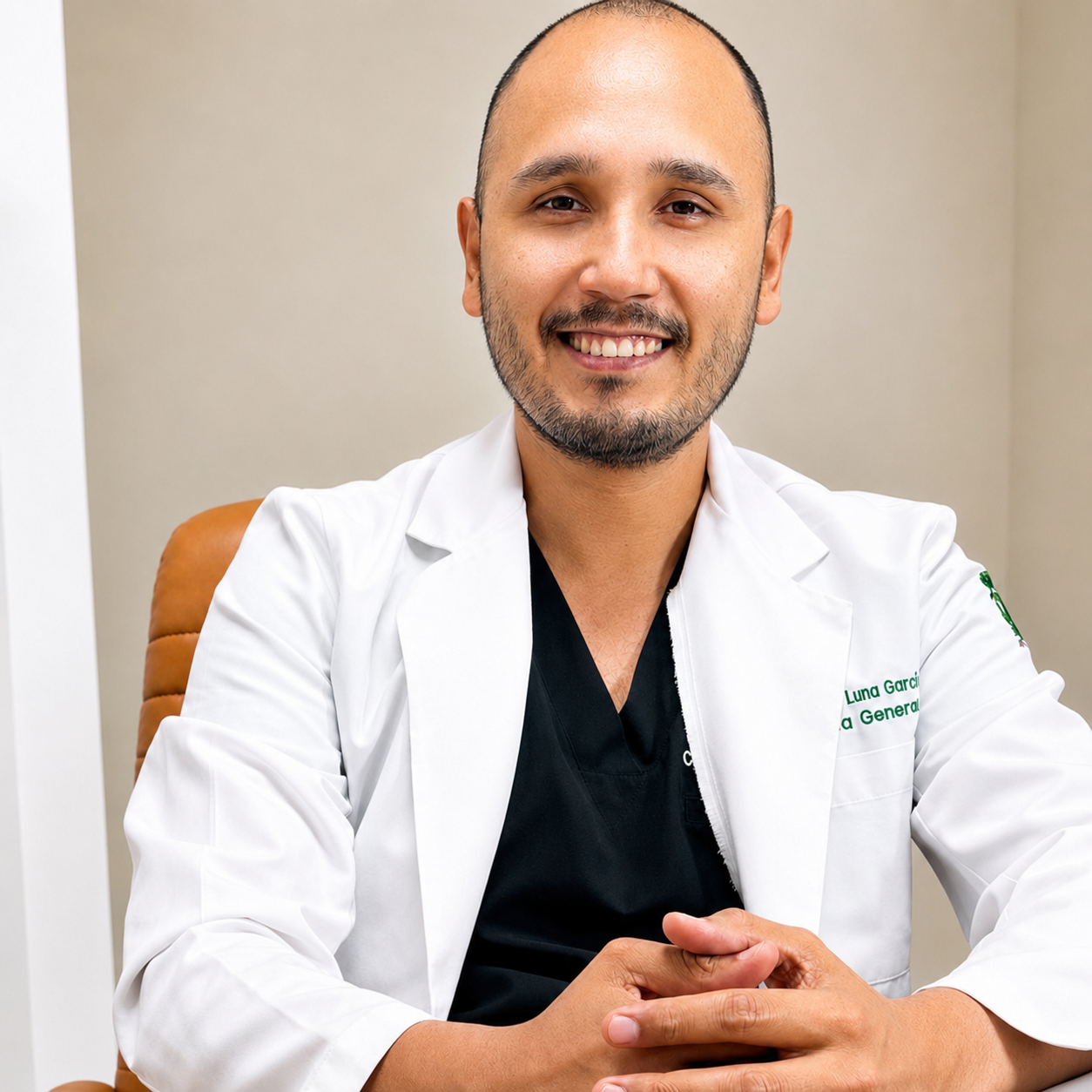 Dr. Javier Luna García Coloproctologo sonriendo en su consultorio
