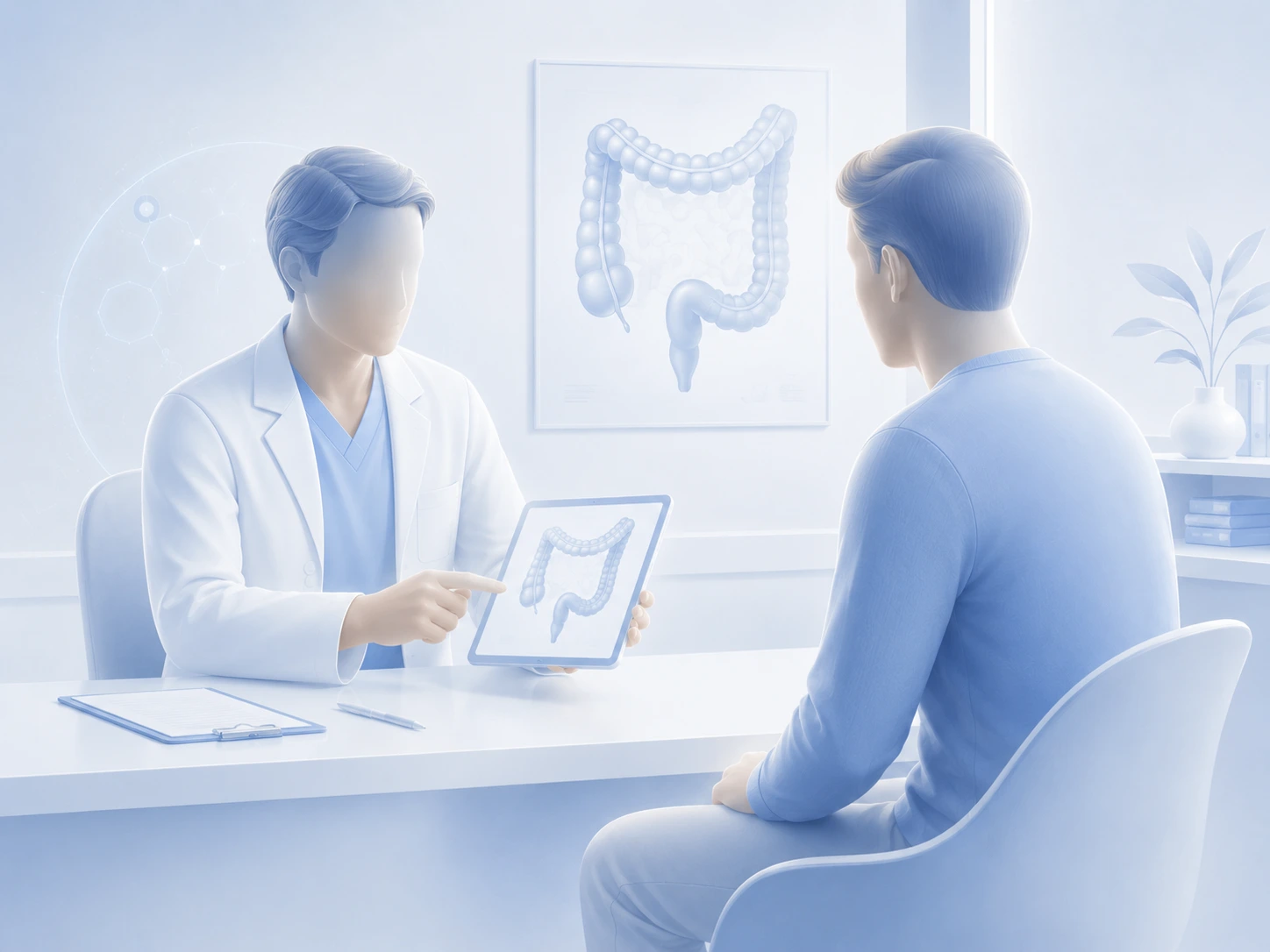 Ilustración de un coloproctólogo explicando la anatomía del colon a un paciente durante una consulta